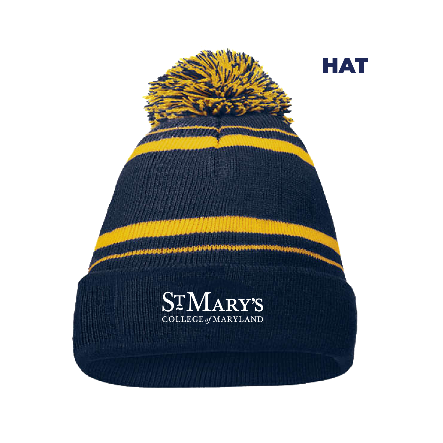 navy winter hat with a navy and gold pom pom with the St. Mary's College of Maryland logo