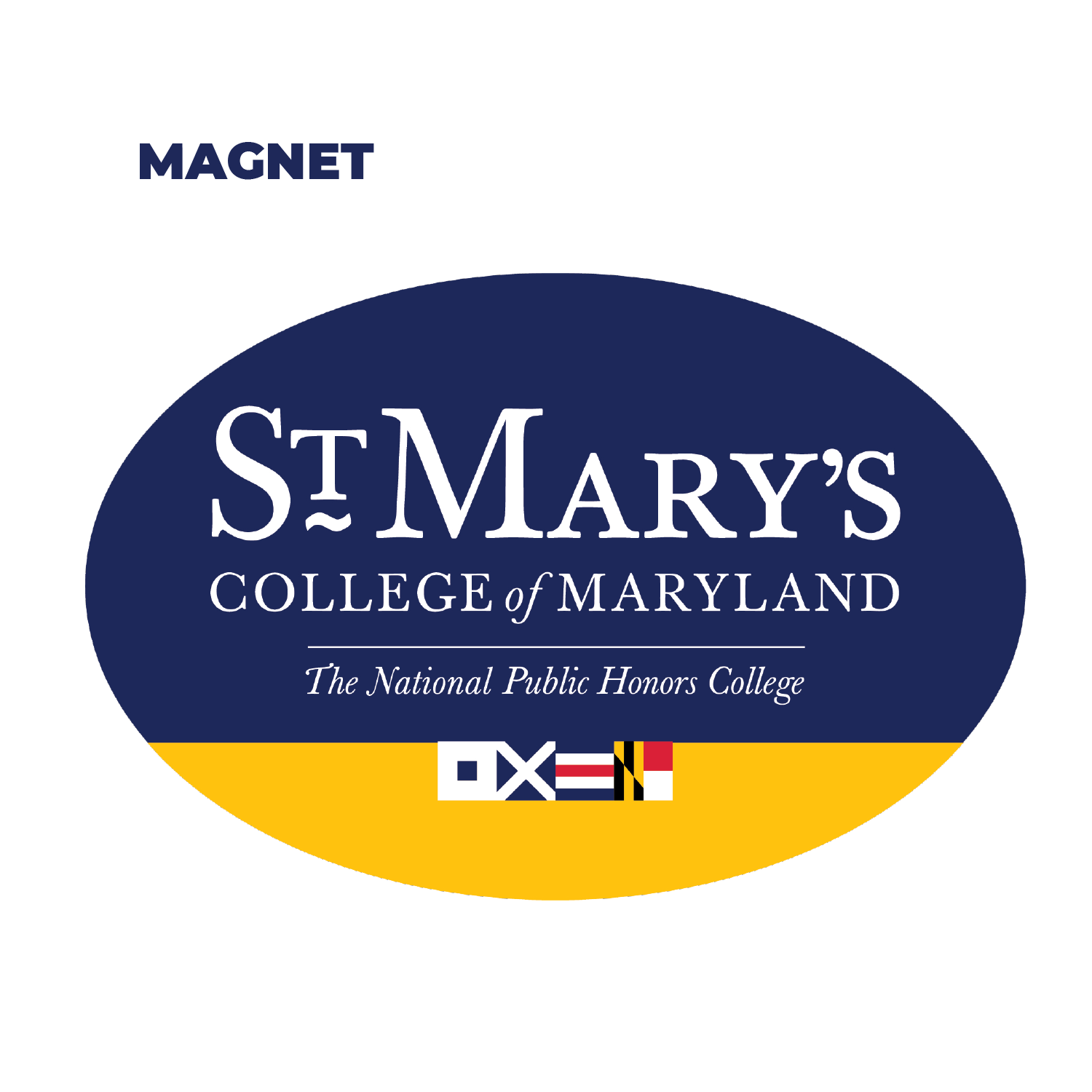 oval shaped navy and gold magnet that says "St. Mary's College of Maryland - The National Public Honors College