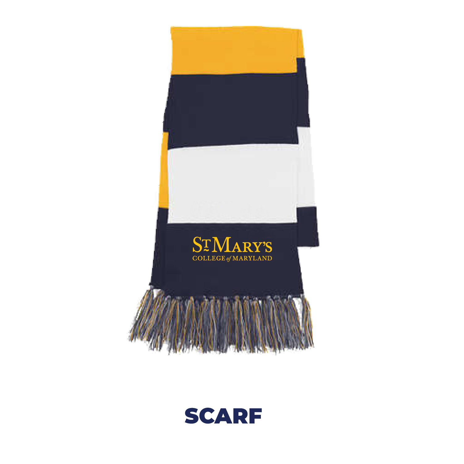 navy white and gold striped scarf with the St. Mary's College of Maryland logo on the scarf