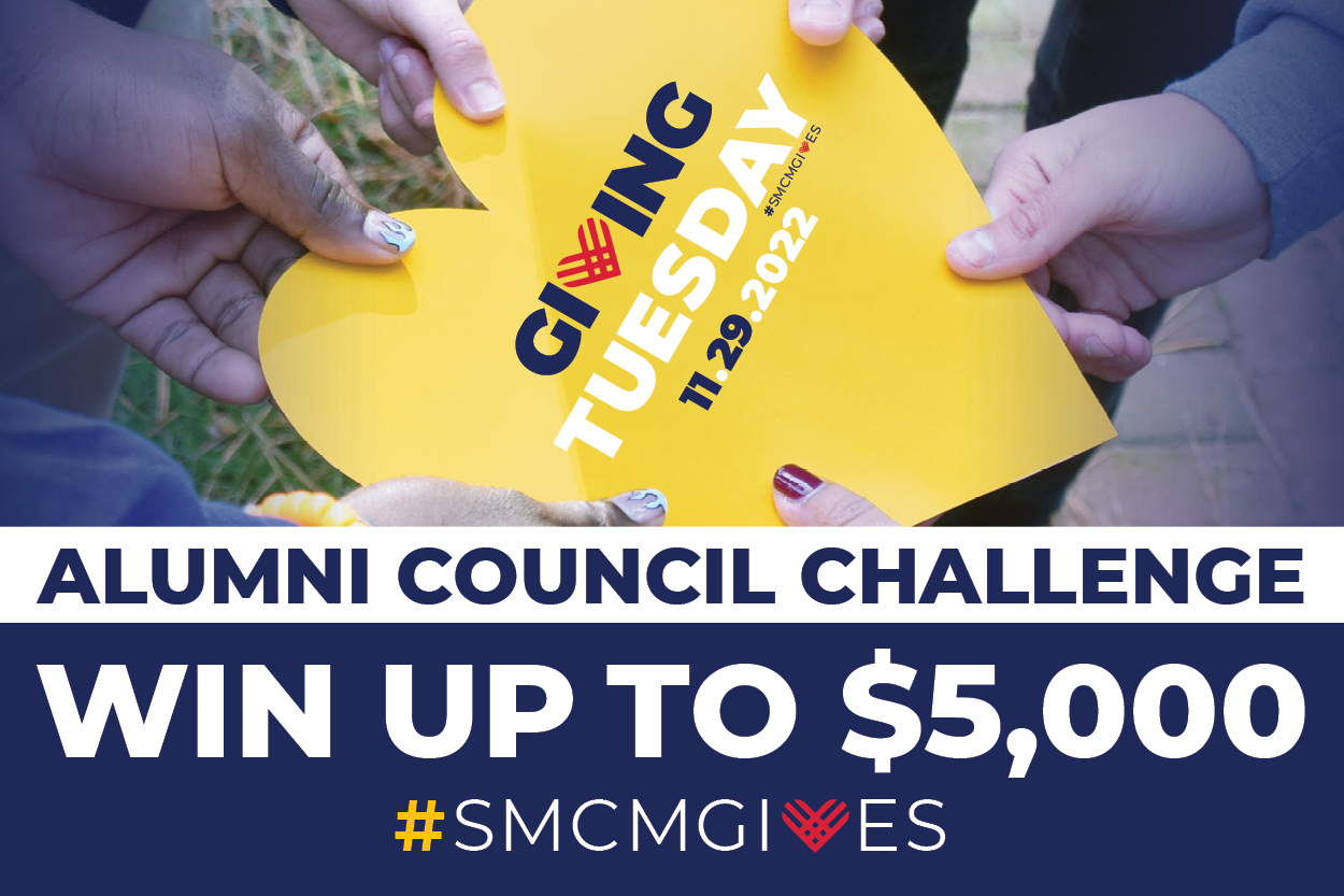 A group of students hold hearts up in the air with the water in the background on a graphic saying Alumni Council Challenge Win Up to $5,000 Giving Tuesday #smcmgives