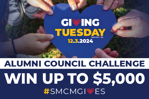 A group of students hold hearts up in the air with the water in the background on a graphic saying Alumni Council Challenge Win Up to $5,000 Giving Tuesday #smcmgives